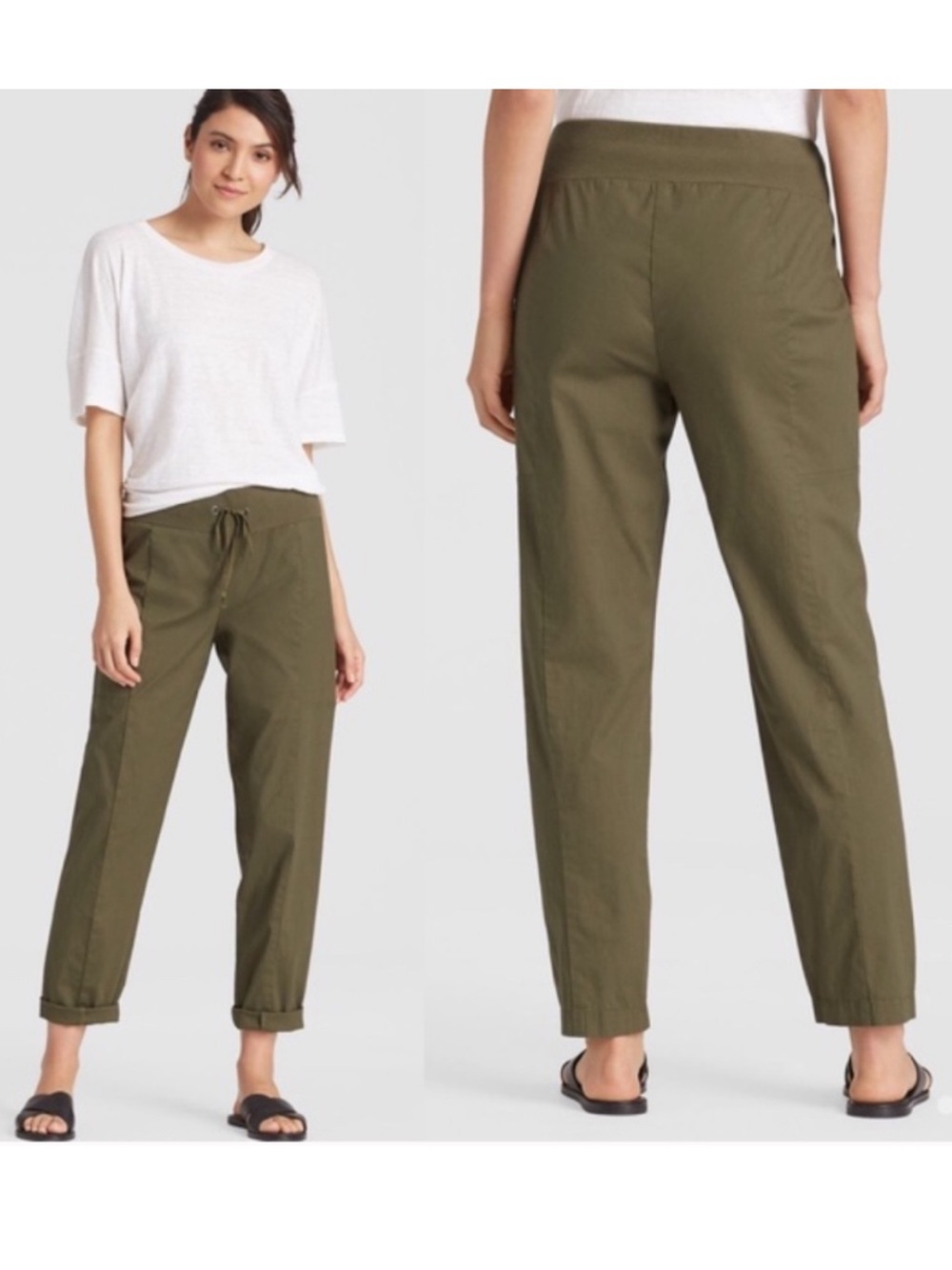 Eileen Fisher Olive Green Organic Cotton Stretch Poplin Ankle Pants Women’s XSP